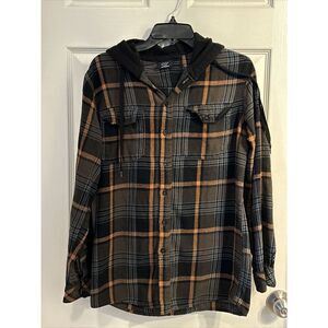BURNSIDE Hoodie Mens Medium Black Plaid Flannel Button Down Long‎ Sleeves Jacket